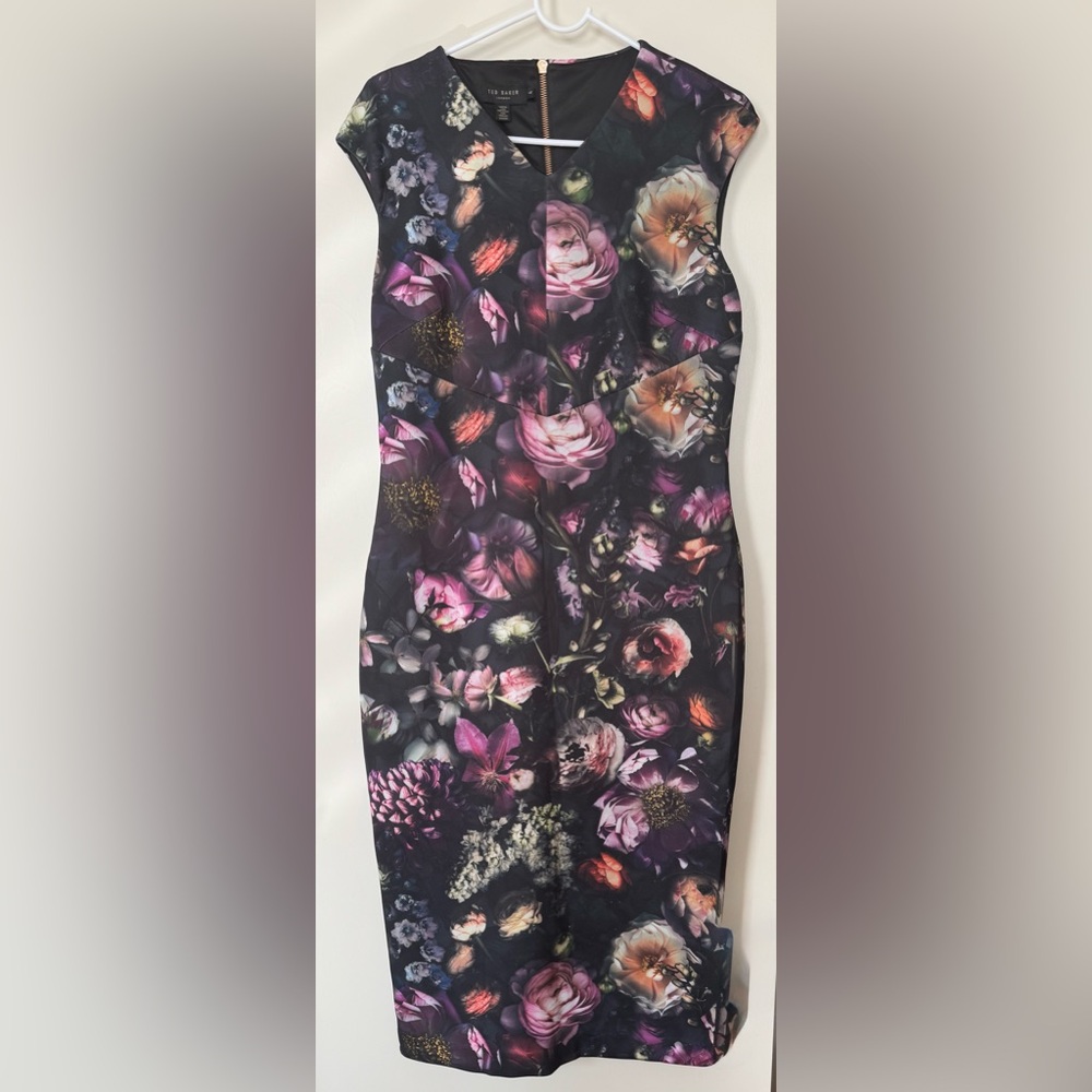 Ted Baker Black Floral Midi Sheath Dress with Purple and Pink Accents